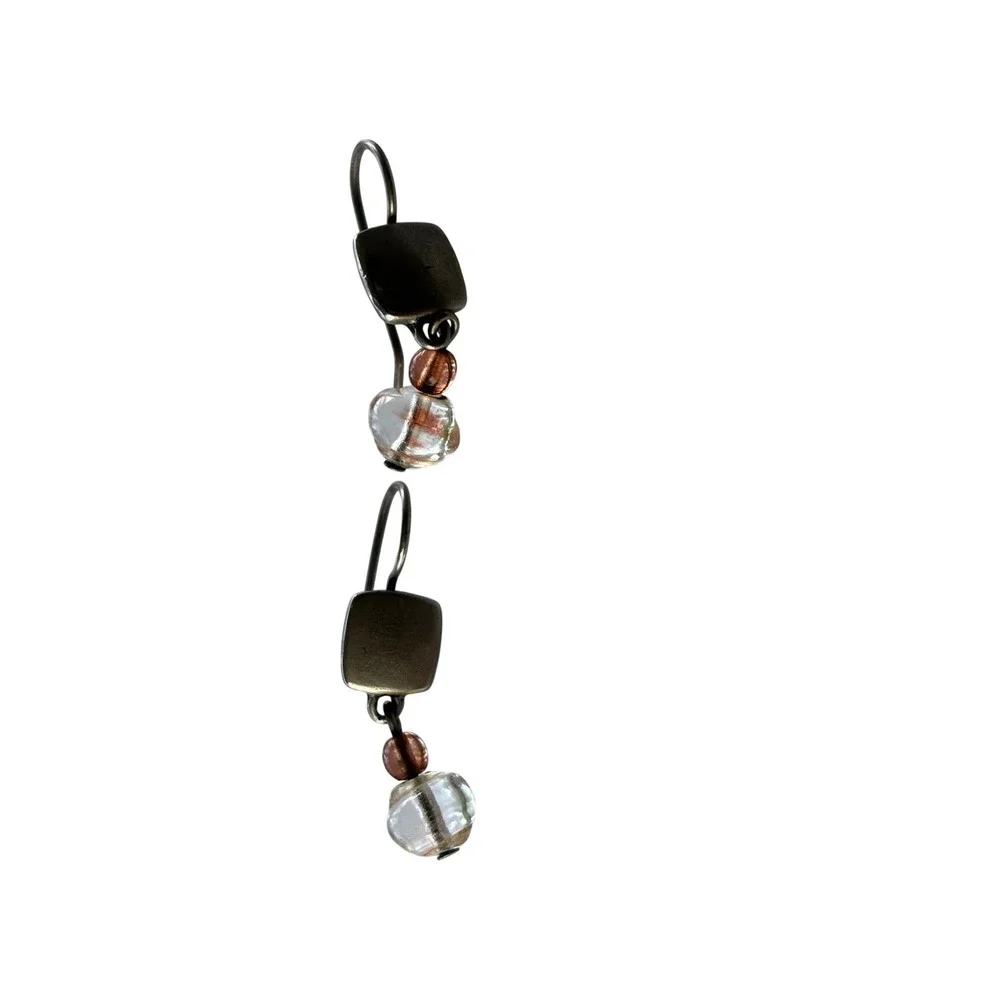Vintage Drop‎ Earrings Brown Glass Bead Mixed Metal Geometric Boho